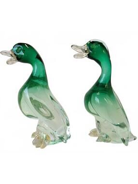 Murano Italy Duck Figurine Pair 8in Green Glass Art Deco MDM